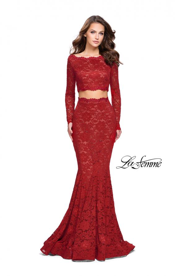 Picture of: Mermaid Style Lace Two Piece Dress with Scalloped Trim in Red, Style: 25668, Detail Picture 1
