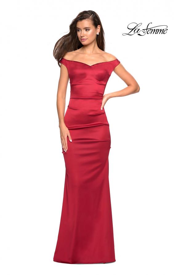 Picture of: Off the Shoulder Form Fitting Dress with Exposed Zipper in Red, Style: 27821, Detail Picture 1