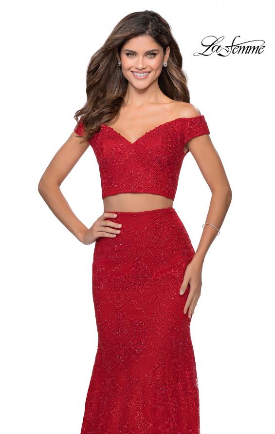 Picture of: Two Piece Lace Gown with Off the Shoulder Top in Red, Style: 28816, Detail Picture 1