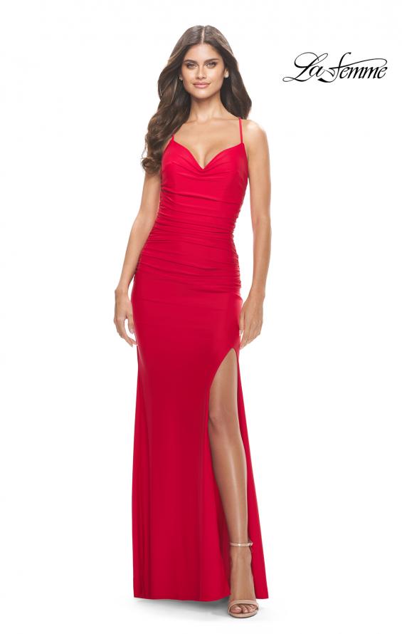 Picture of: Ruched Jersey Dress with Lace Up Back in Red, Style: 31572, Detail Picture 1