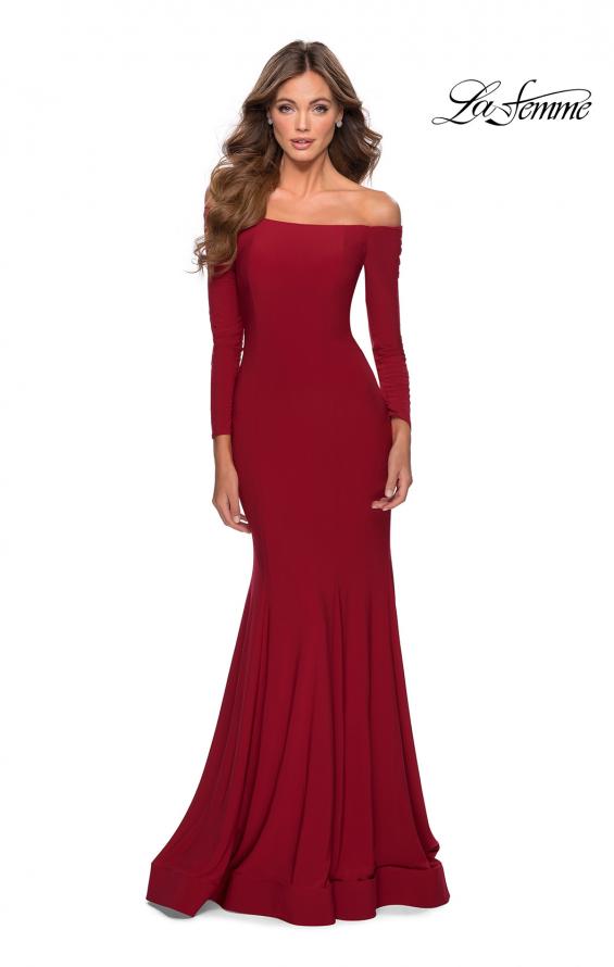 Picture of: Off the Shoulder Long Sleeve Jersey Prom Dress in Red, Style: 28754, Detail Picture 2