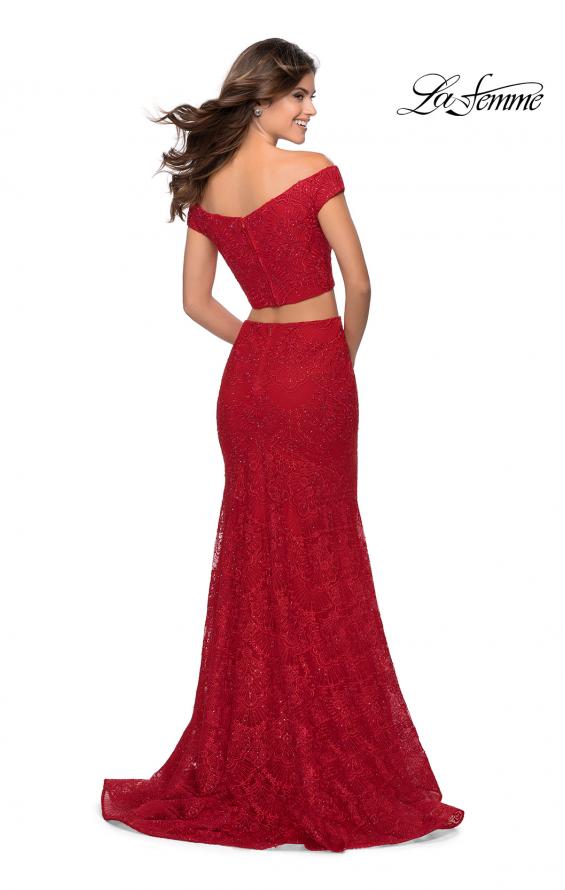Picture of: Two Piece Lace Gown with Off the Shoulder Top in Red, Style: 28816, Detail Picture 2