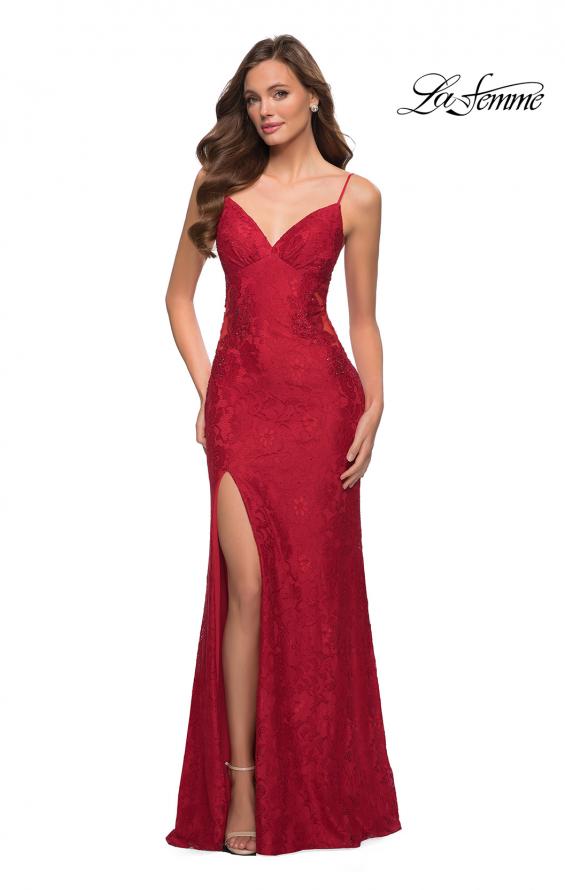 Picture of: Sleek Lace Long Dress with Sheer Sides and Open Back in Red, Style 29694, Detail Picture 2
