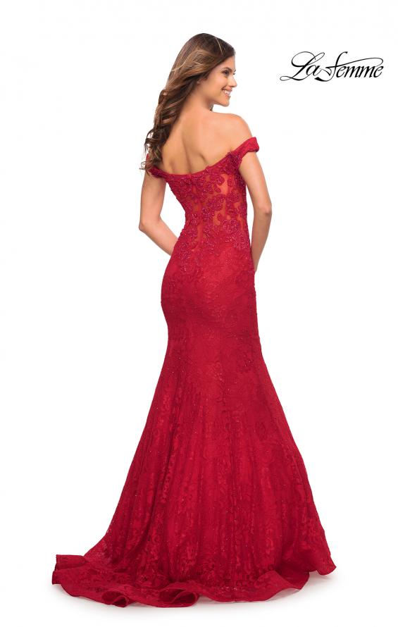Picture of: Mermaid Lace Off the Shoulder Gown with Sheer Back in Red, Style: 30564, Detail Picture 2