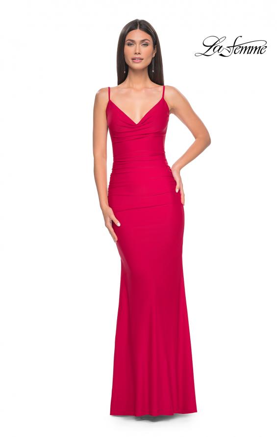 Picture of: Illusion Back with Boning Detail on Jersey Prom Dress in Red, Style: 32153, Detail Picture 2