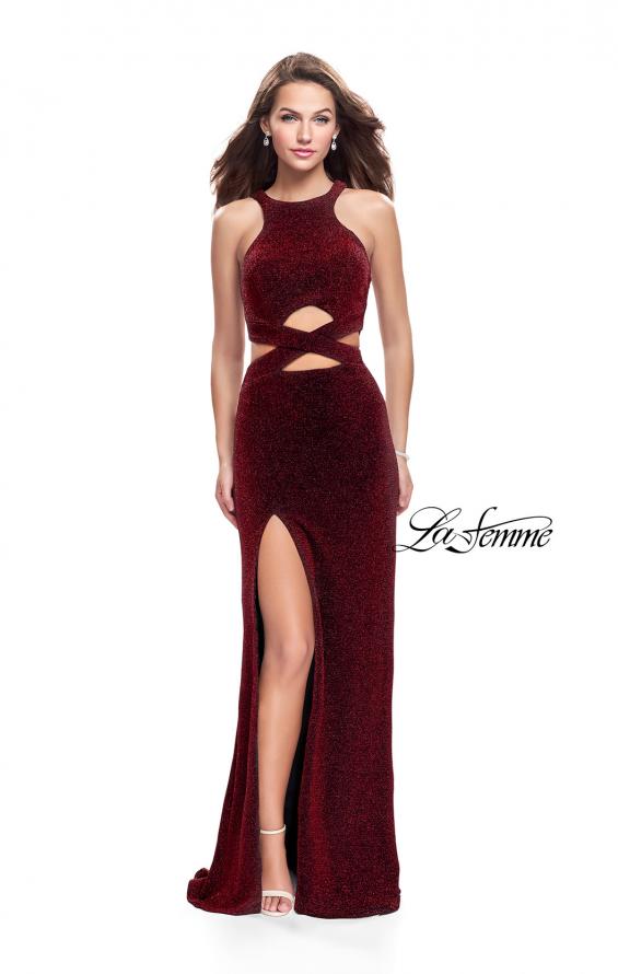 Picture of: Long Jersey Prom Dress with Cut Outs and Low Scoop Back in Red, Style: 25422, Detail Picture 3