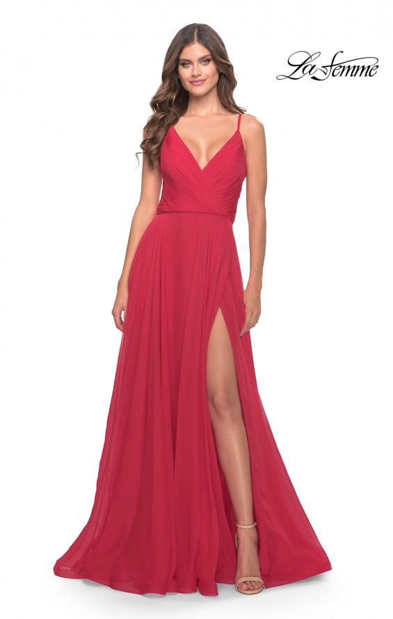 Picture of: Chiffon Dress with Pleated Bodice and Pockets in Red, Style: 31500, Detail Picture 4