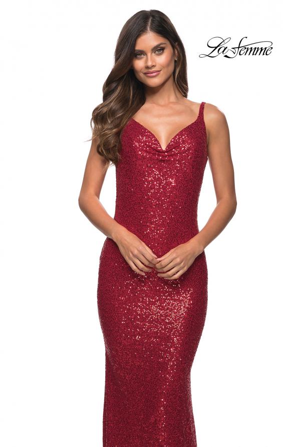 Picture of: Long Stretch Sequin Gown with Low Back in Red, Detail Picture 5