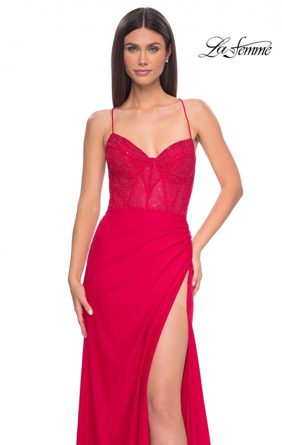 Picture of: Fitted Jersey Dress with Fishnet Rhinestone Illusion Bustier Top in Red, Style: 32230, Detail Picture 5