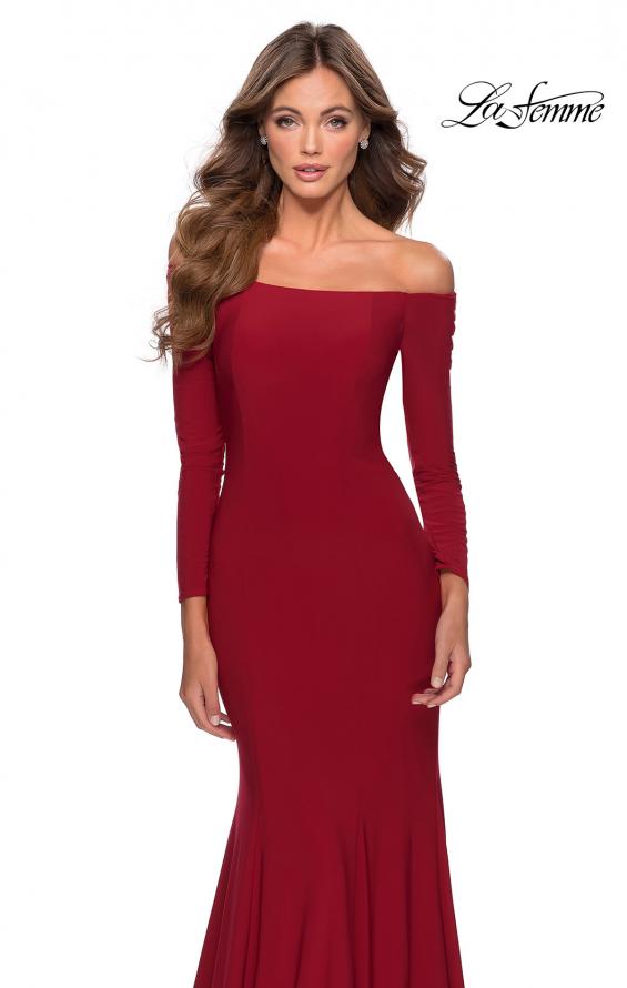 Picture of: Off the Shoulder Long Sleeve Jersey Prom Dress in Red, Style: 28754, Detail Picture 6