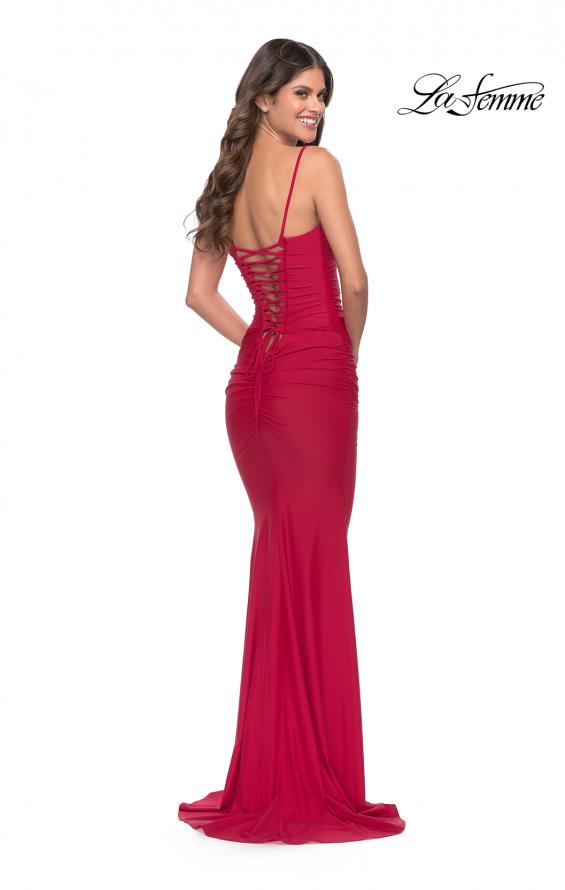 Picture of: Intricate Lace Up Back Jersey Gown with Ruching in Red, Style: 31330, Detail Picture 6