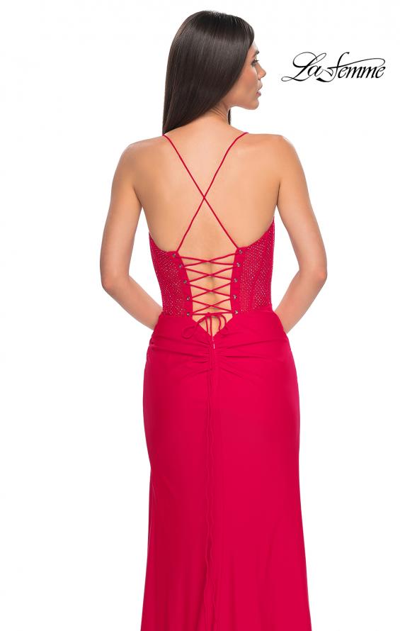 Picture of: Fitted Jersey Dress with Fishnet Rhinestone Illusion Bustier Top in Red, Style: 32230, Detail Picture 6