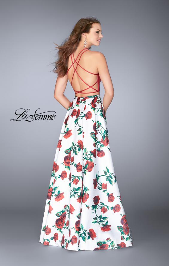 Picture of: Two Piece Mikado Dress with Floral Print Skirt in Red/Multi, Style: 24692, Back Picture