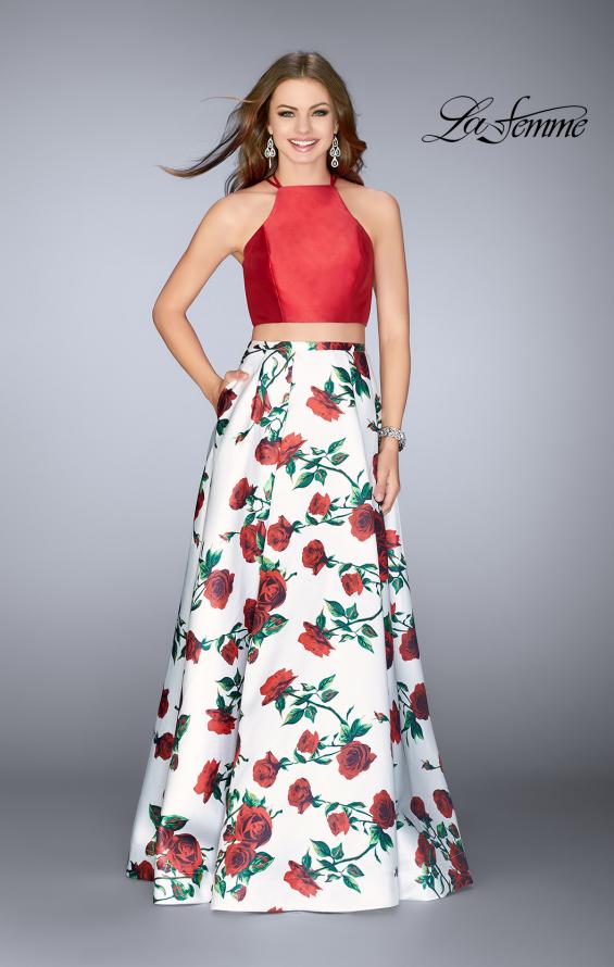 Picture of: Two Piece Mikado Dress with Floral Print Skirt in Red/Multi, Style: 24692, Detail Picture 1