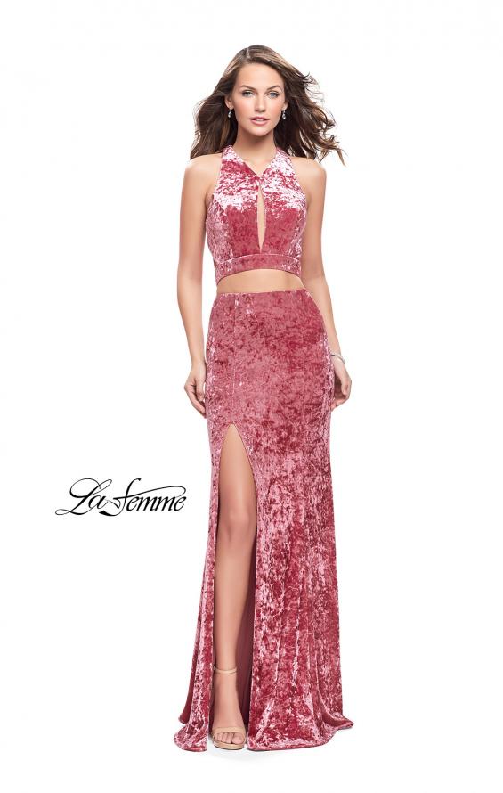 Picture of: Long Velvet Prom Dress with Crop Top and Leg Slit in Rose, Style: 25500, Detail Picture 1
