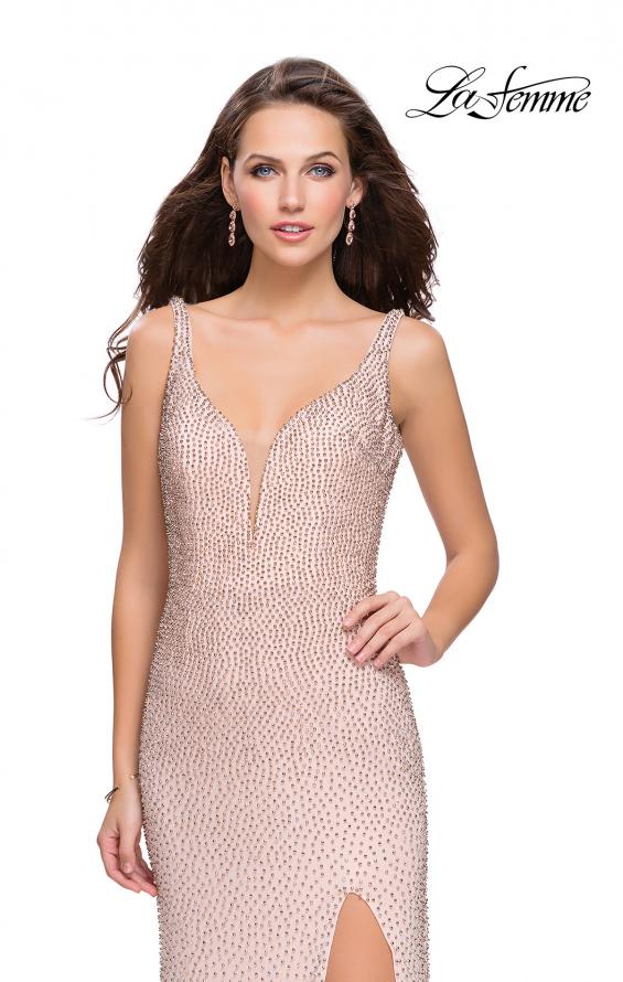 Picture of: Form Fitting Prom Dress with Metallic Beading and Slit in Rose Gold, Style: 25931, Detail Picture 1