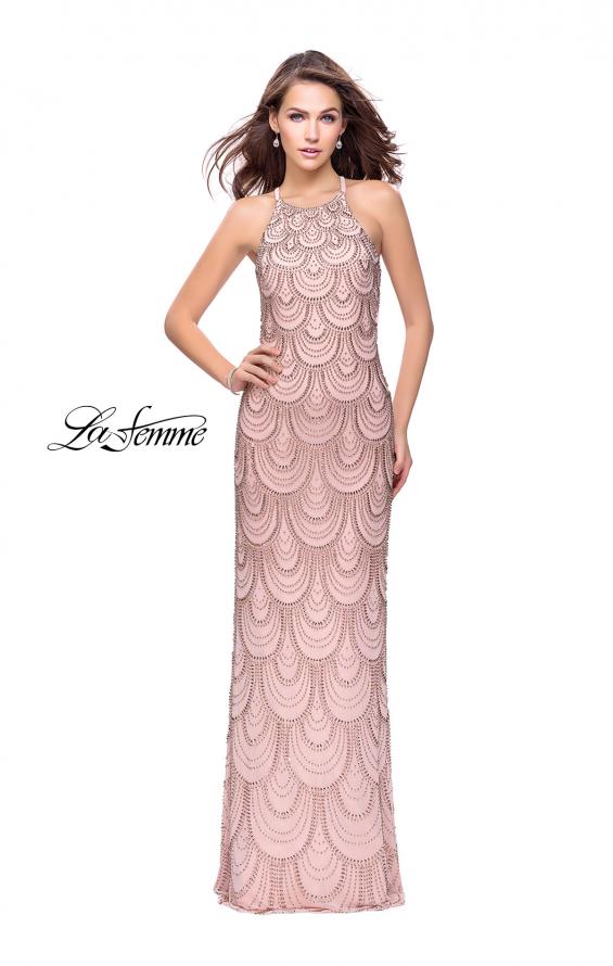 Picture of: Long Scalloped Beaded Prom Dress with High Neck in Rose Gold, Style: 26030, Detail Picture 3