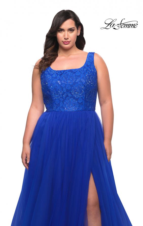Picture of: A-line Tulle and Lace Plus Size Gown with Slit in Royal Blue, Style: 29070, Detail Picture 8
