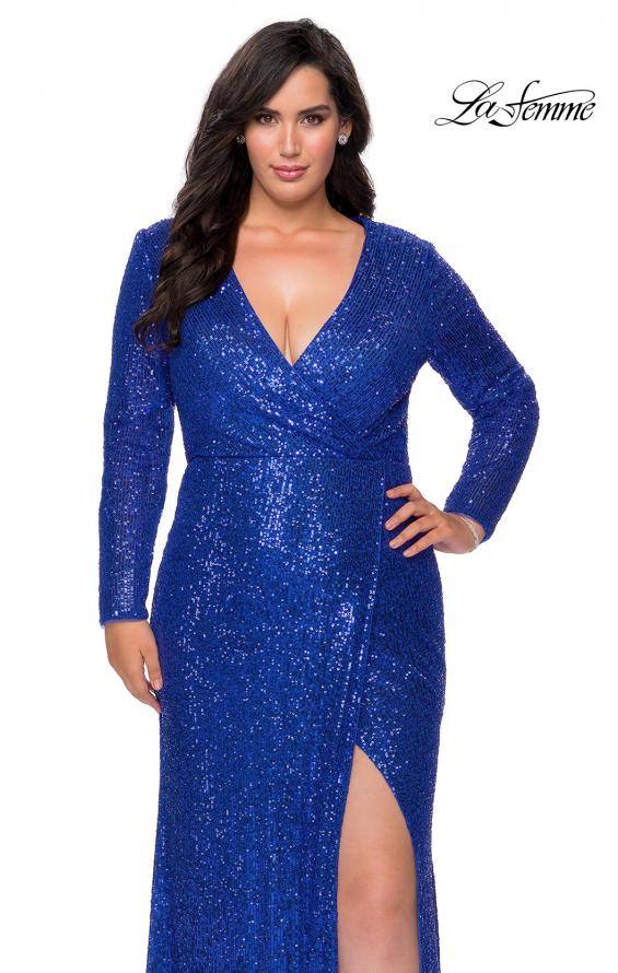 Picture of: Long Sleeve Sequin Plus Size Prom Dress with Slit in Royal Blue, Style: 28880, Detail Picture 1