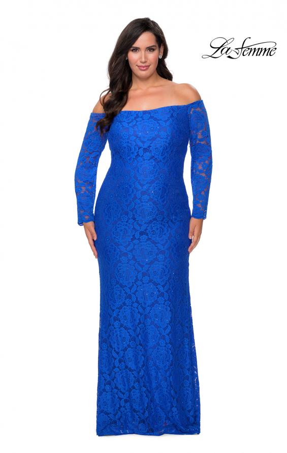Picture of: Long Sleeve Off The Shoulder Lace Plus Size Dress in Royal Blue, Style: 28859, Detail Picture 3