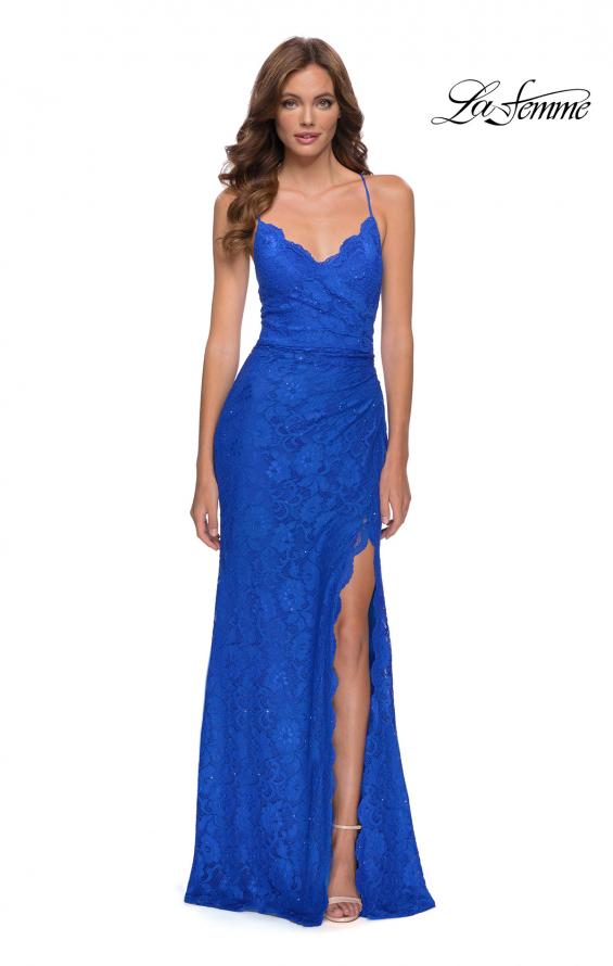 Picture of: Lace Long Dress with Scallop Detail on Skirt Slit in Royal Blue, Style 29939, Main Picture