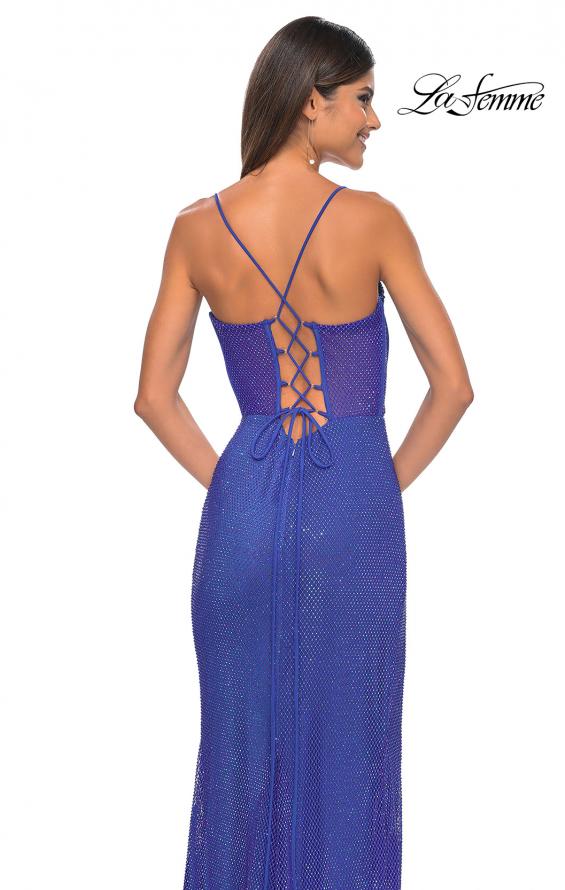 Picture of: Fishnet Rhinestone Fitted Dress with Bustier Top and High Neckline in Royal Blue, Style: 32446, Detail Picture 8