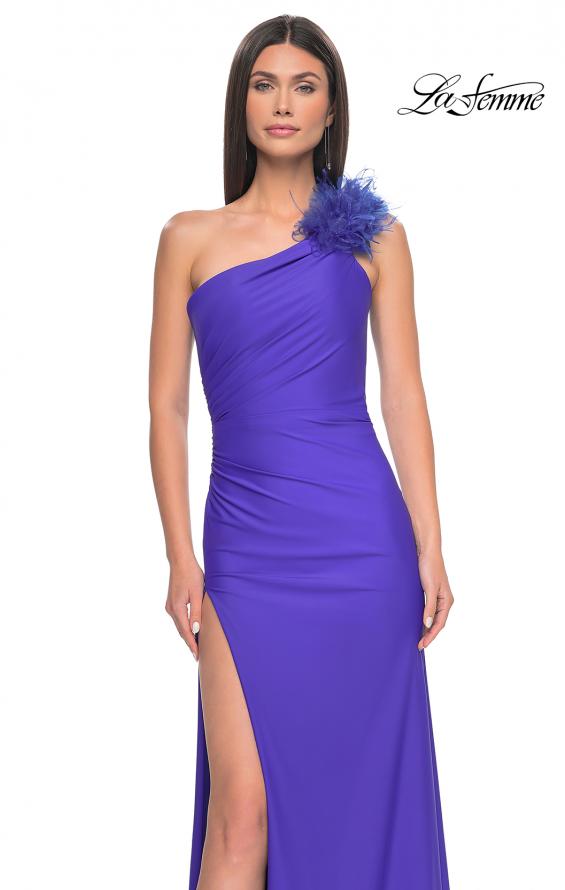 Picture of: One Shoulder Jersey Gown with Feather Detail in Royal Blue, Style: 32076, Detail Picture 9