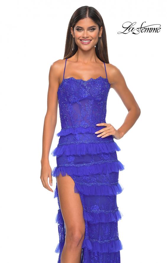 Picture of: Fitted Ruffle Skirt Lace Dress with Illusion Bodice in Royal Blue, Style: 32442, Detail Picture 9