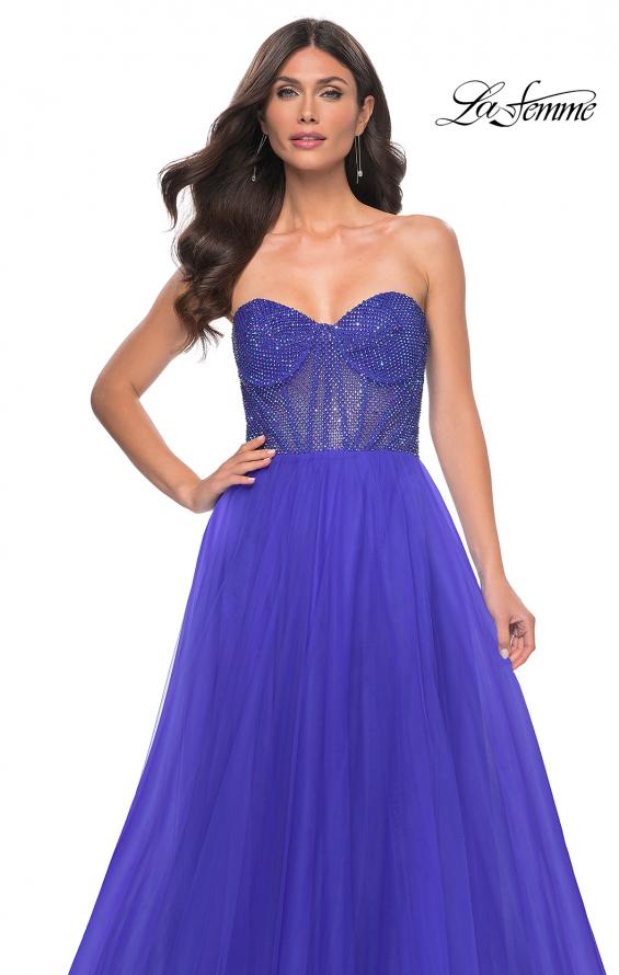 Picture of: A-Line Tulle Prom Dress with Rhinestone Fishnet Bodice in Blue, Style: 32216, Detail Picture 10