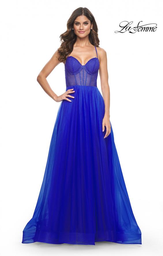Picture of: A-Line Tulle Gown with High Slit and Illusion Rhinestone Fishnet Bodice in Royal Blue, Style: 32135, Detail Picture 11