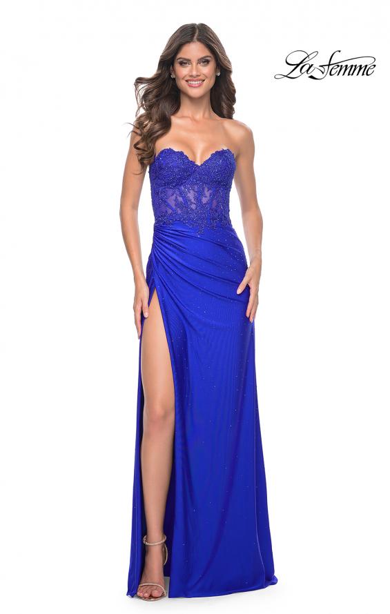Picture of: Ruched Jersey Skirt with Lace Illusion Top and Rhinestone Prom Dress in Royal Blue, Style: 32011, Detail Picture 12