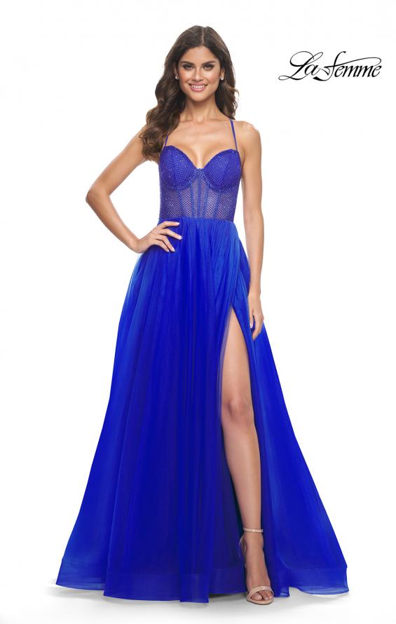 Picture of: A-Line Tulle Gown with High Slit and Illusion Rhinestone Fishnet Bodice in Royal Blue, Style: 32135, Detail Picture 12