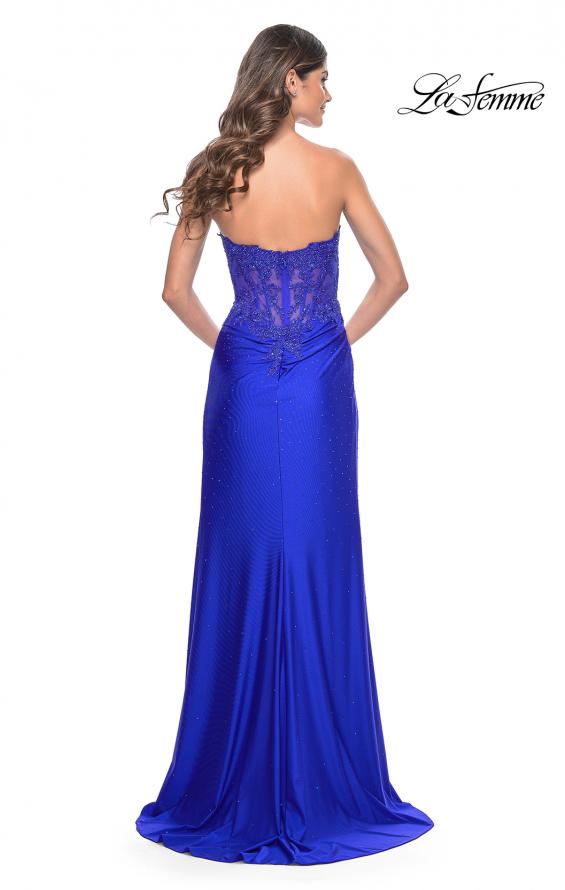 Picture of: Ruched Jersey Skirt with Lace Illusion Top and Rhinestone Prom Dress in Royal Blue, Style: 32011, Detail Picture 13