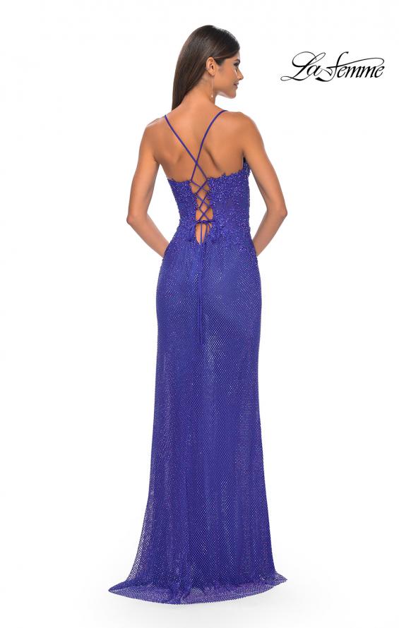 Picture of: Rhinestone Fishnet Gown with Lace Detail and High Slit in Royal Blue, Style: 32218, Detail Picture 13