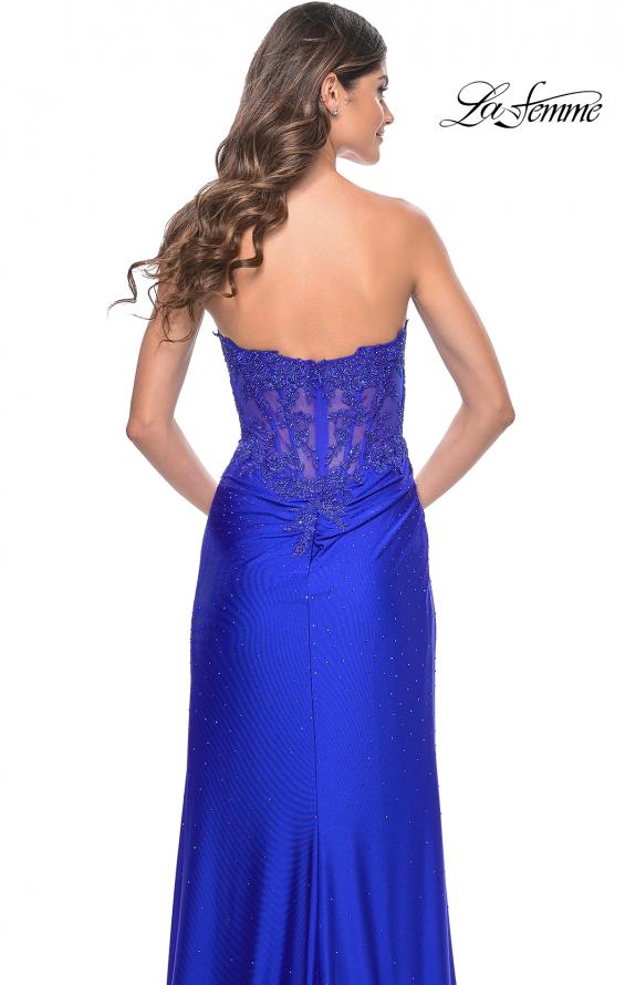 Picture of: Ruched Jersey Skirt with Lace Illusion Top and Rhinestone Prom Dress in Royal Blue, Style: 32011, Detail Picture 14