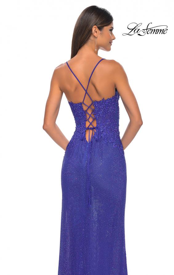 Picture of: Rhinestone Fishnet Gown with Lace Detail and High Slit in Royal Blue, Style: 32218, Detail Picture 15