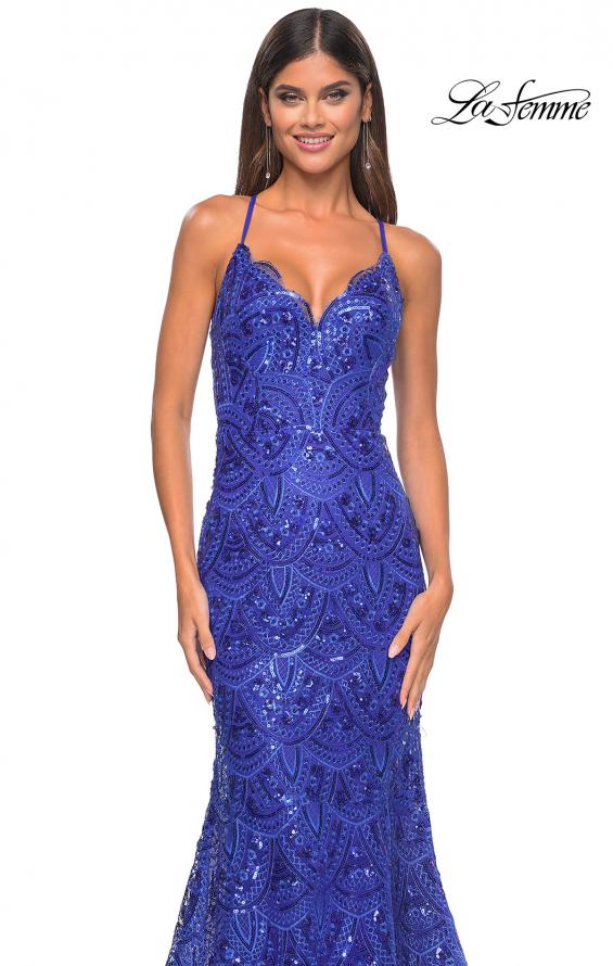 Picture of: Print Sequin Mermaid Dress with Lace Up Back in Royal Blue, Style: 31865, Detail Picture 16