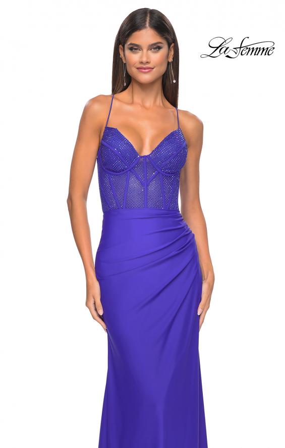 Picture of: Fitted Jersey Dress with Fishnet Rhinestone Illusion Bustier Top in Royal Blue, Style: 32230, Detail Picture 16