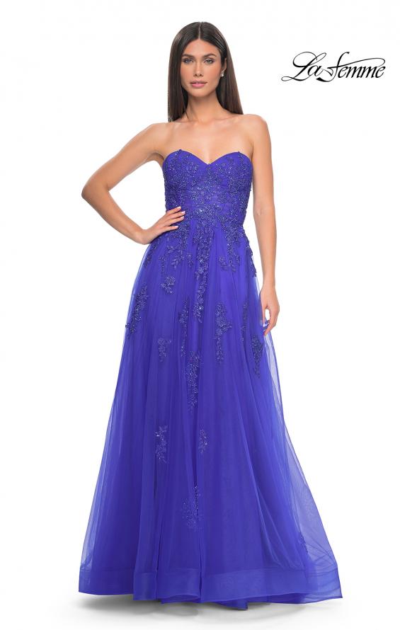Picture of: Lace Up A-Line Dress with Ruched Bodice and Sweetheart Top in Royal Blue, Style: 32084, Detail Picture 17