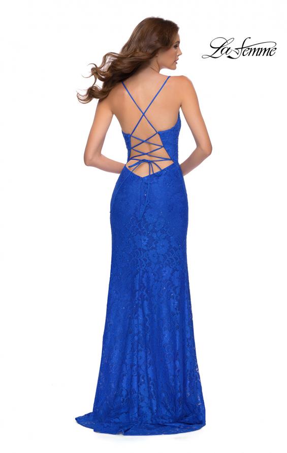 Picture of: Lace Long Dress with Scallop Detail on Skirt Slit in Royal Blue, Style 29939, Back Picture