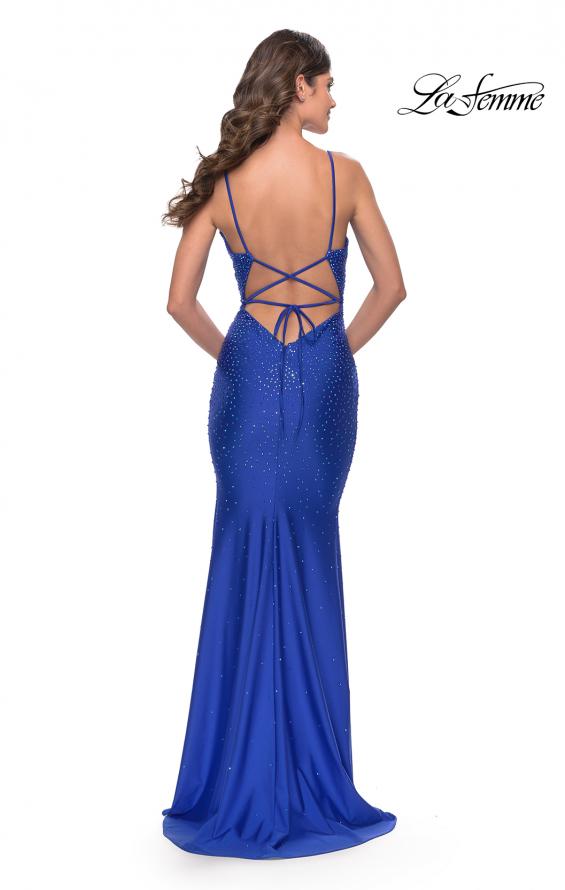 Picture of: Bedazzled Rhinestone Jersey Gown with Deep V Neckline in Royal Blue, Style: 31215, Back Picture