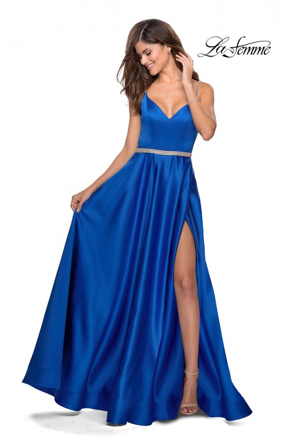 Picture of: Satin A-line Gown with Rhinestone Belt and Straps in Royal Blue, Style: 28695, Detail Picture 1
