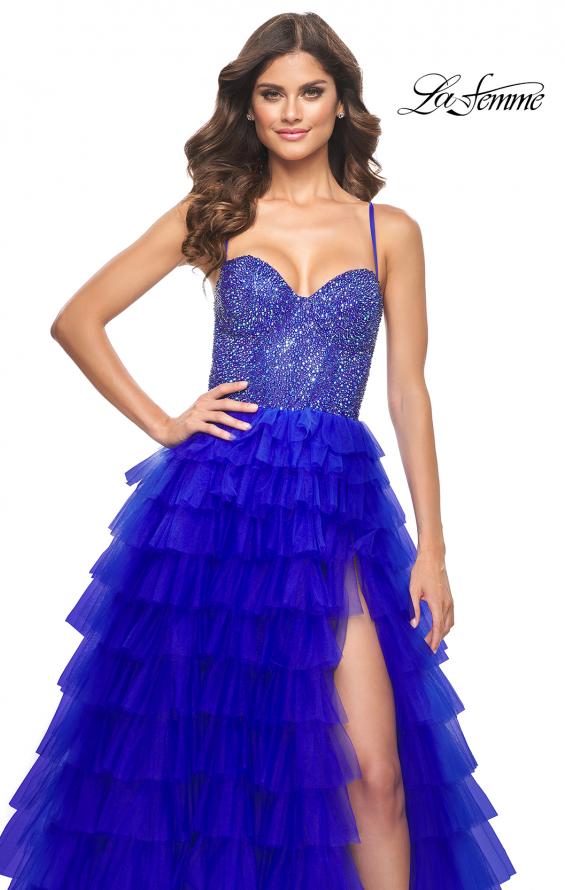 Picture of: Tiered Ruffle Tulle Prom Dress with Rhinestone Embellished Bodice in Royal Blue, Style: 32002, Detail Picture 1