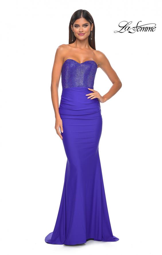 Picture of: Sweetheart Rhinestone Fishnet Bodice Dress with Fitted Skirt in Royal Blue, Style: 32069, Detail Picture 1