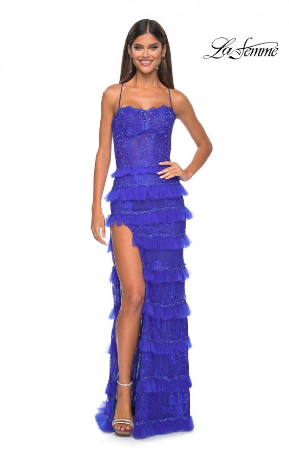 Picture of: Fitted Ruffle Skirt Lace Dress with Illusion Bodice in Royal Blue, Style: 32442, Detail Picture 1