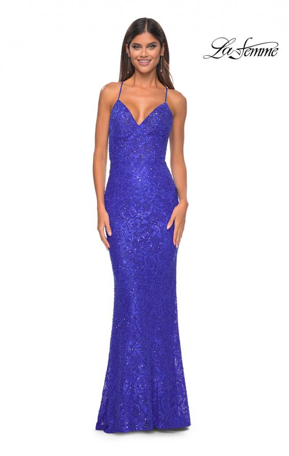 Picture of: Beaded Lace Long Dress with Illusion Bodice in Royal Blue, Style: 31359, Detail Picture 2