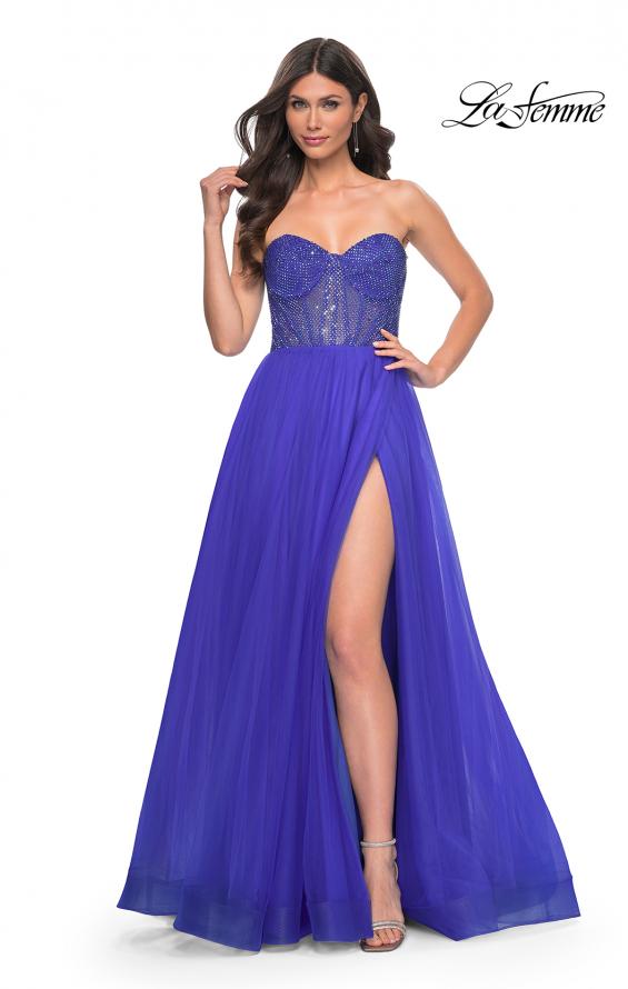 Picture of: A-Line Tulle Prom Dress with Rhinestone Fishnet Bodice in Blue, Style: 32216, Detail Picture 2