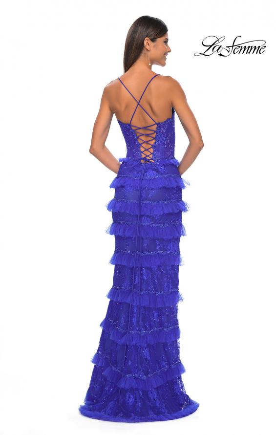 Picture of: Fitted Ruffle Skirt Lace Dress with Illusion Bodice in Royal Blue, Style: 32442, Detail Picture 2