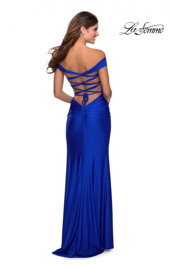Picture of: Off the Shoulder Prom Dress with Tie Back and Slit in Royal Blue, Style: 28506, Detail Picture 3