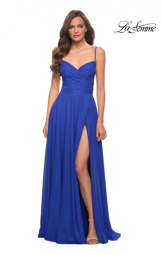 Picture of: Metallic Crepe Chiffon Gown with Ruching and Full Skirt in Royal Blue, Style 29775, Detail Picture 3